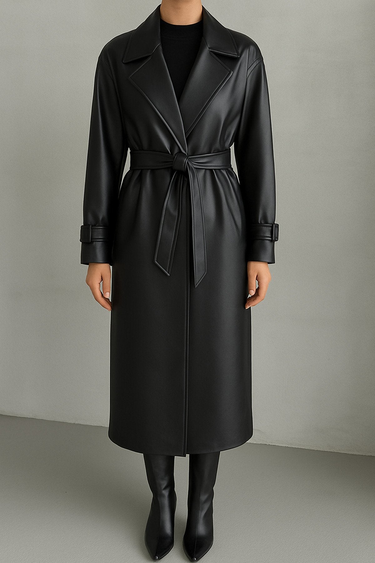 KEMER DETAYLI UZUN DERİ TRENÇ