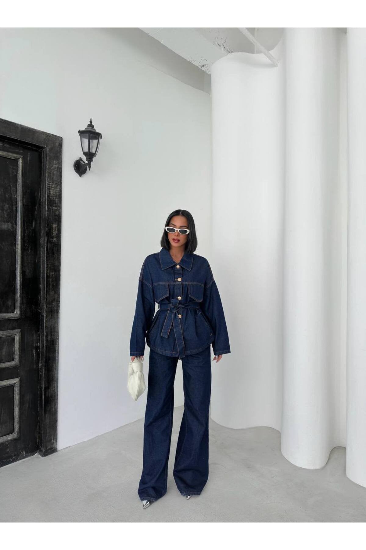 Kemer Detaylı Denim İkili Takım