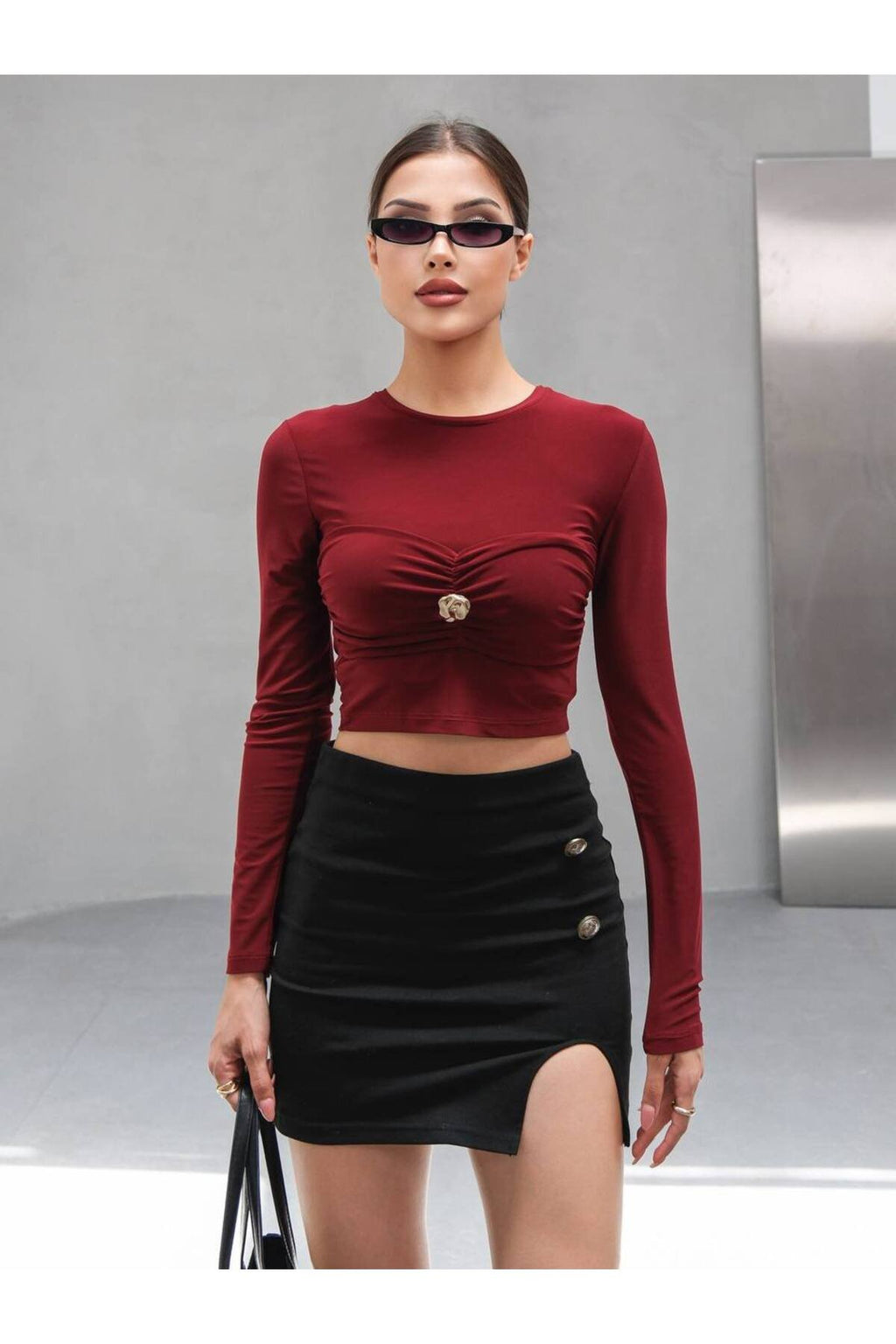 Gold Detaylı Uzun Kollu Crop Bluz