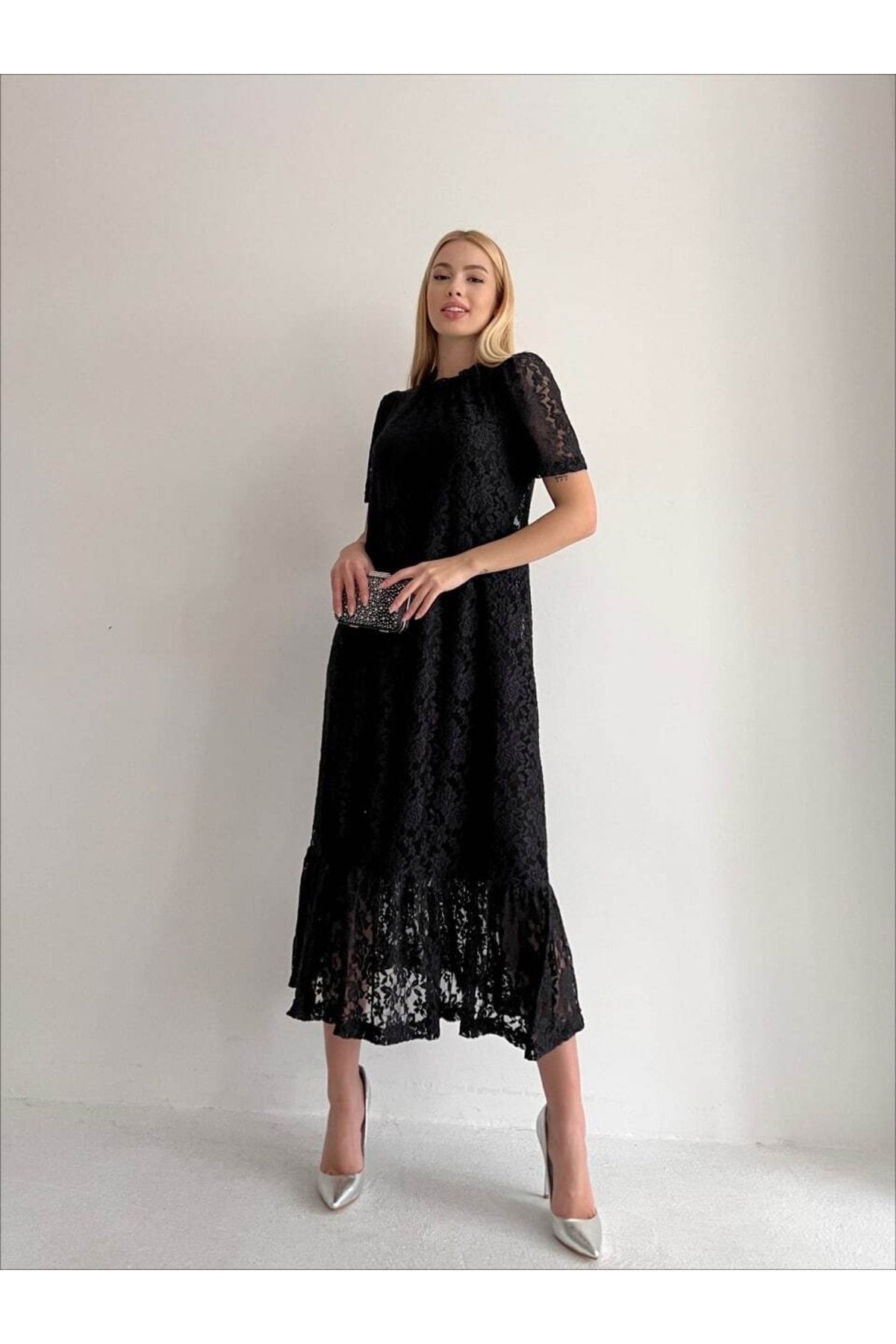 Yeni Sezon Bisiklet Yaka Kısa Kol Dantel Elbise
