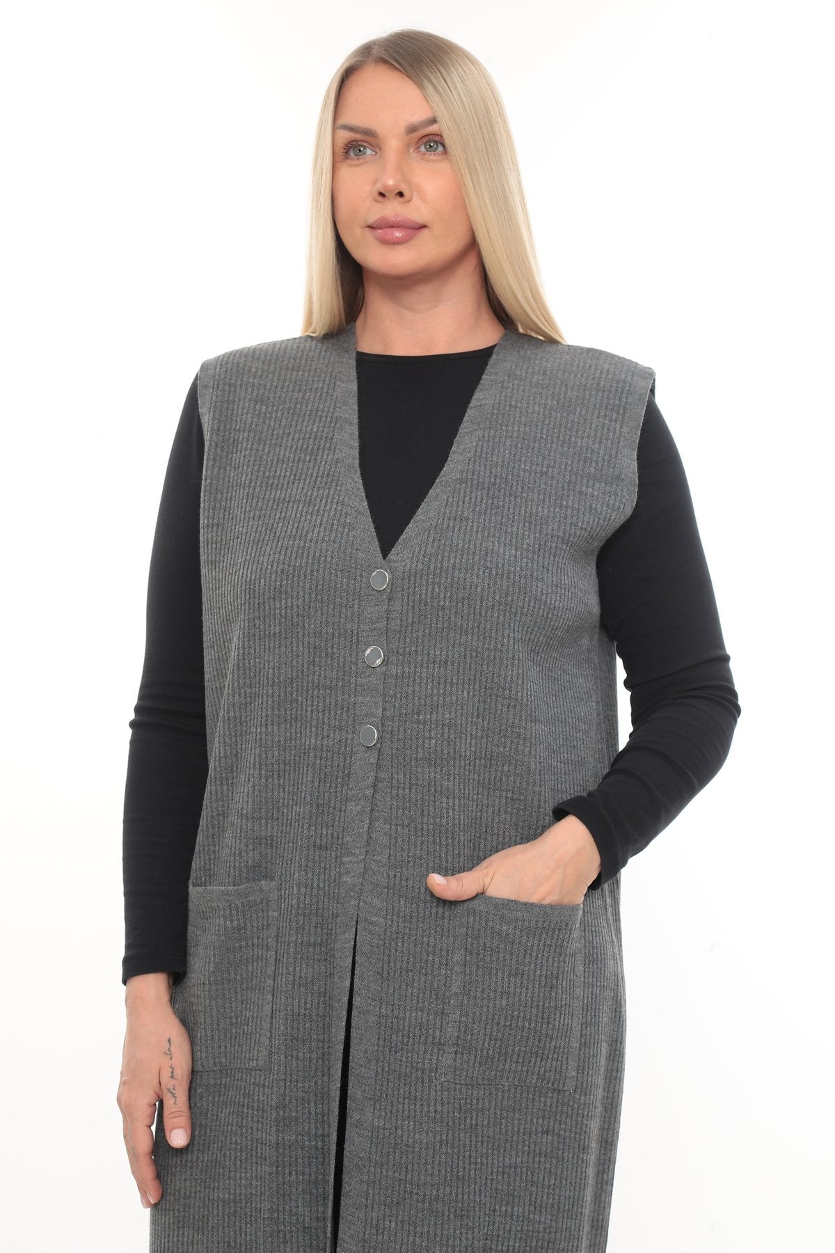 Klasik Kesim Uzun Triko Yelek Anne yelek