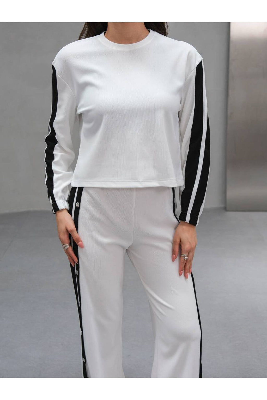 Çıtçıt Detaylı Yan Şeritli Kadın İkili Spor Takım