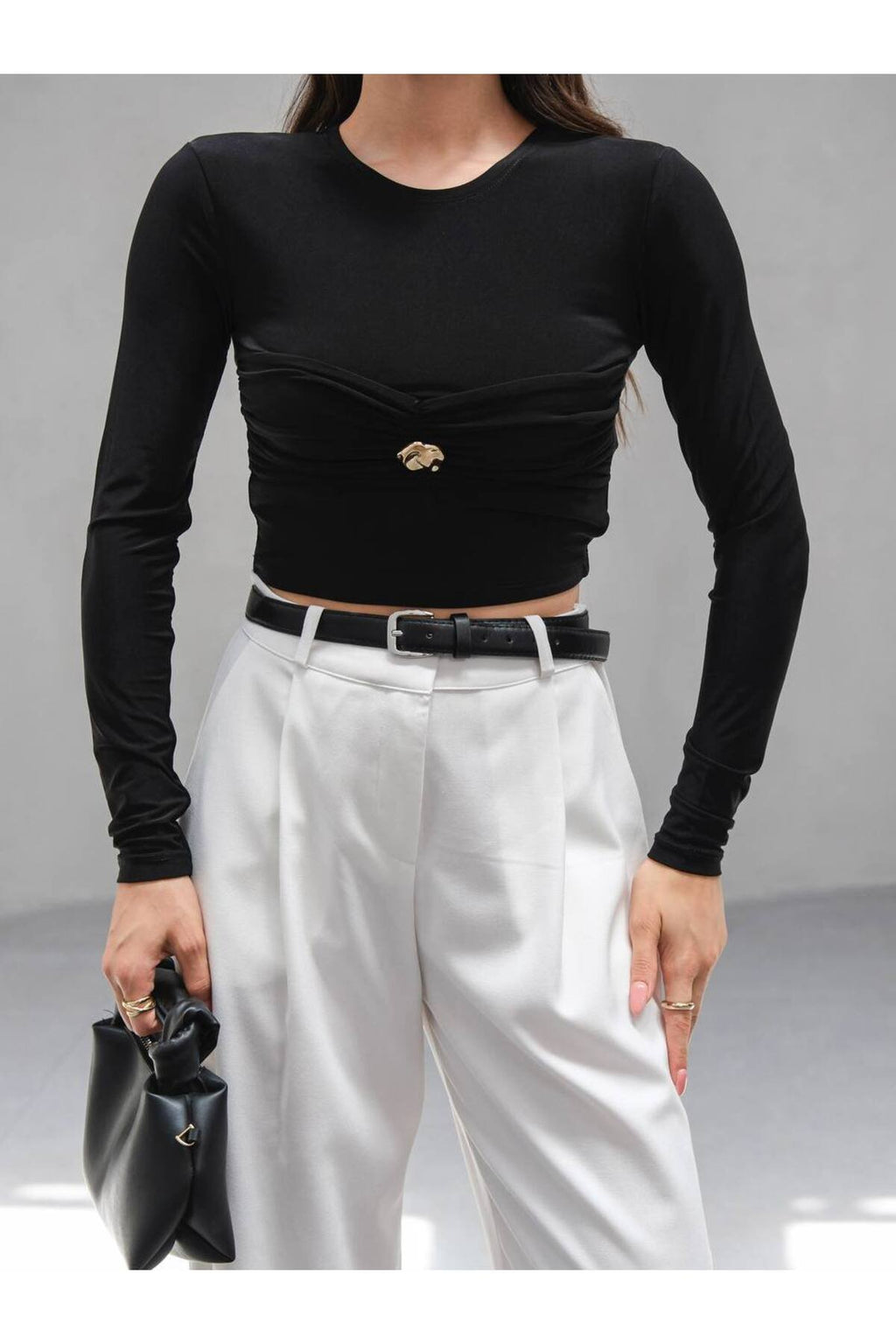 Gold Detaylı Uzun Kollu Crop Bluz