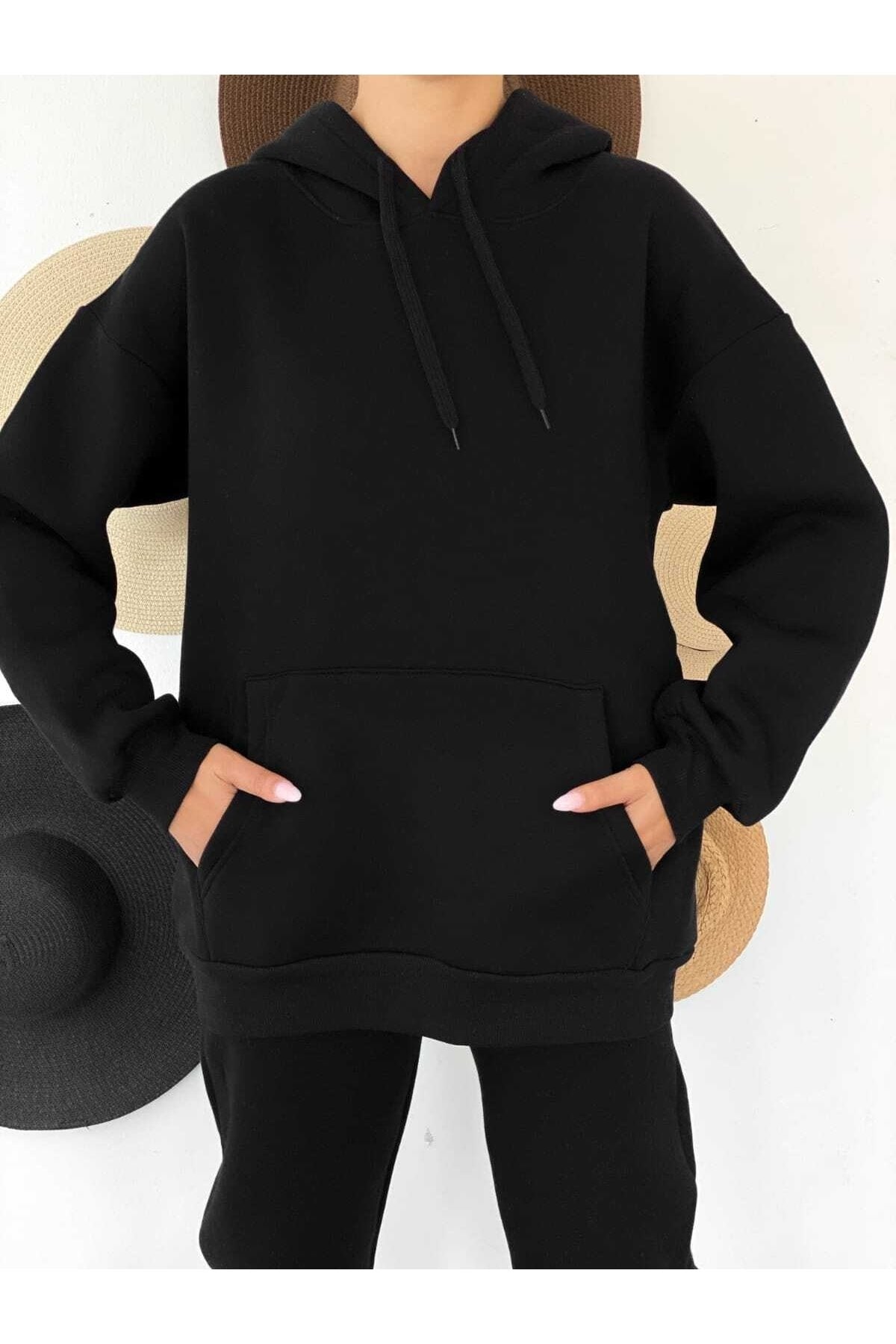 3 Iplik Kapüşonlu Polarlı Sweatshirt