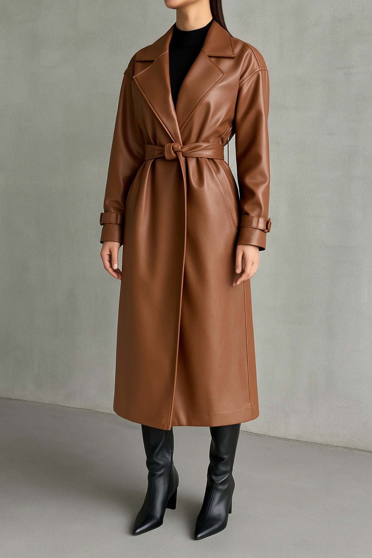 KEMER DETAYLI UZUN DERİ TRENÇ