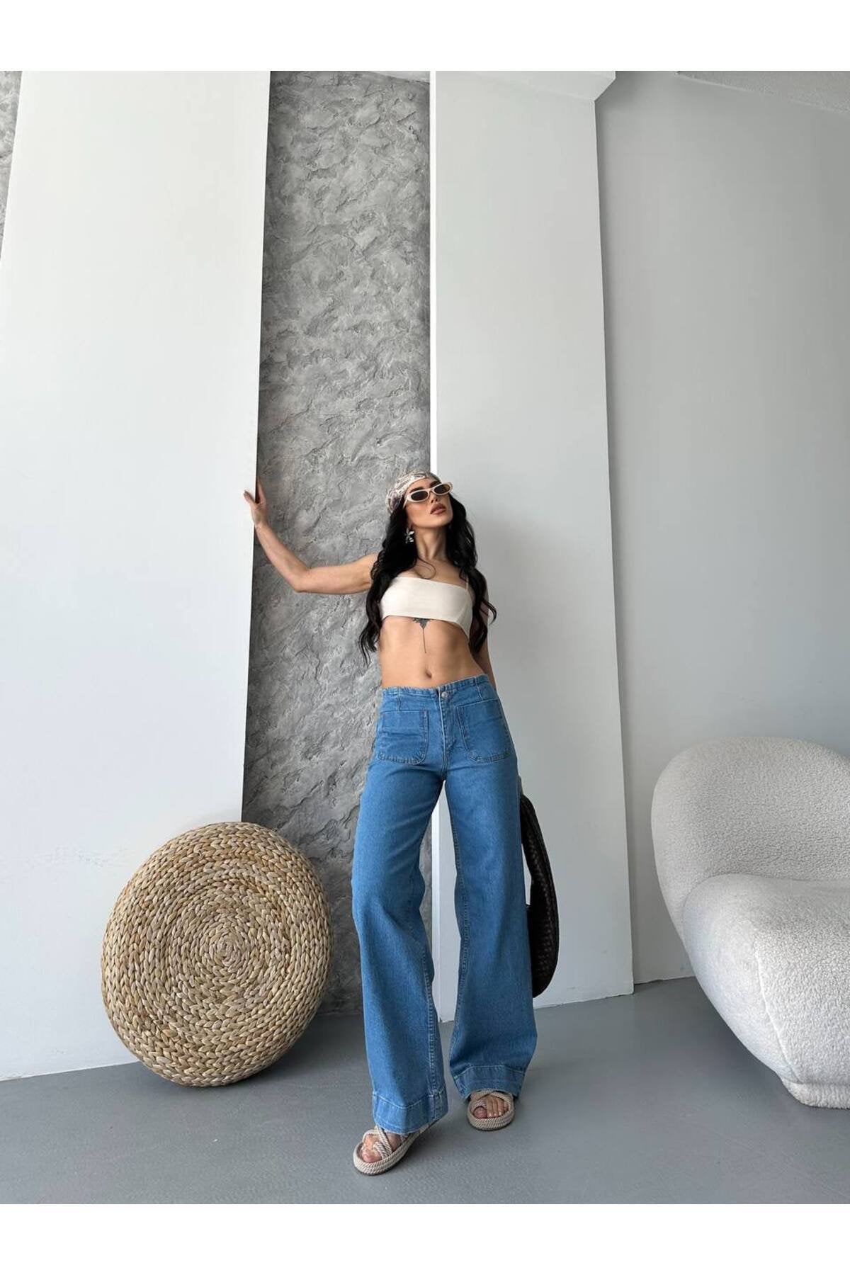 Kadın Yüksek Bel Cepli Bol Paça Denim Pantolon