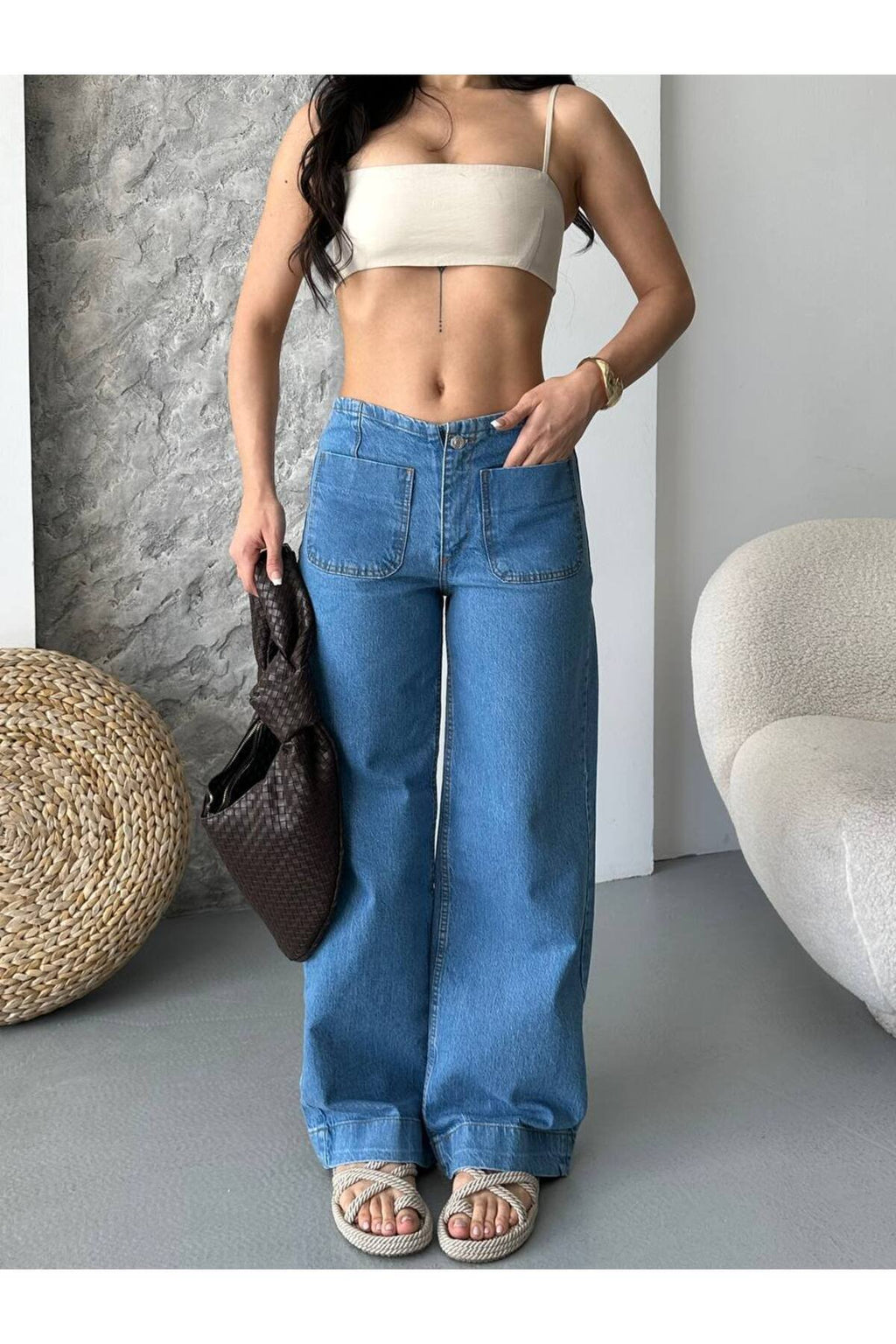 Kadın Yüksek Bel Cepli Bol Paça Denim Pantolon