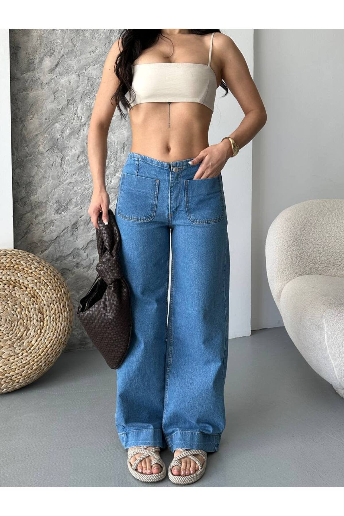 Kadın Yüksek Bel Cepli Bol Paça Denim Pantolon