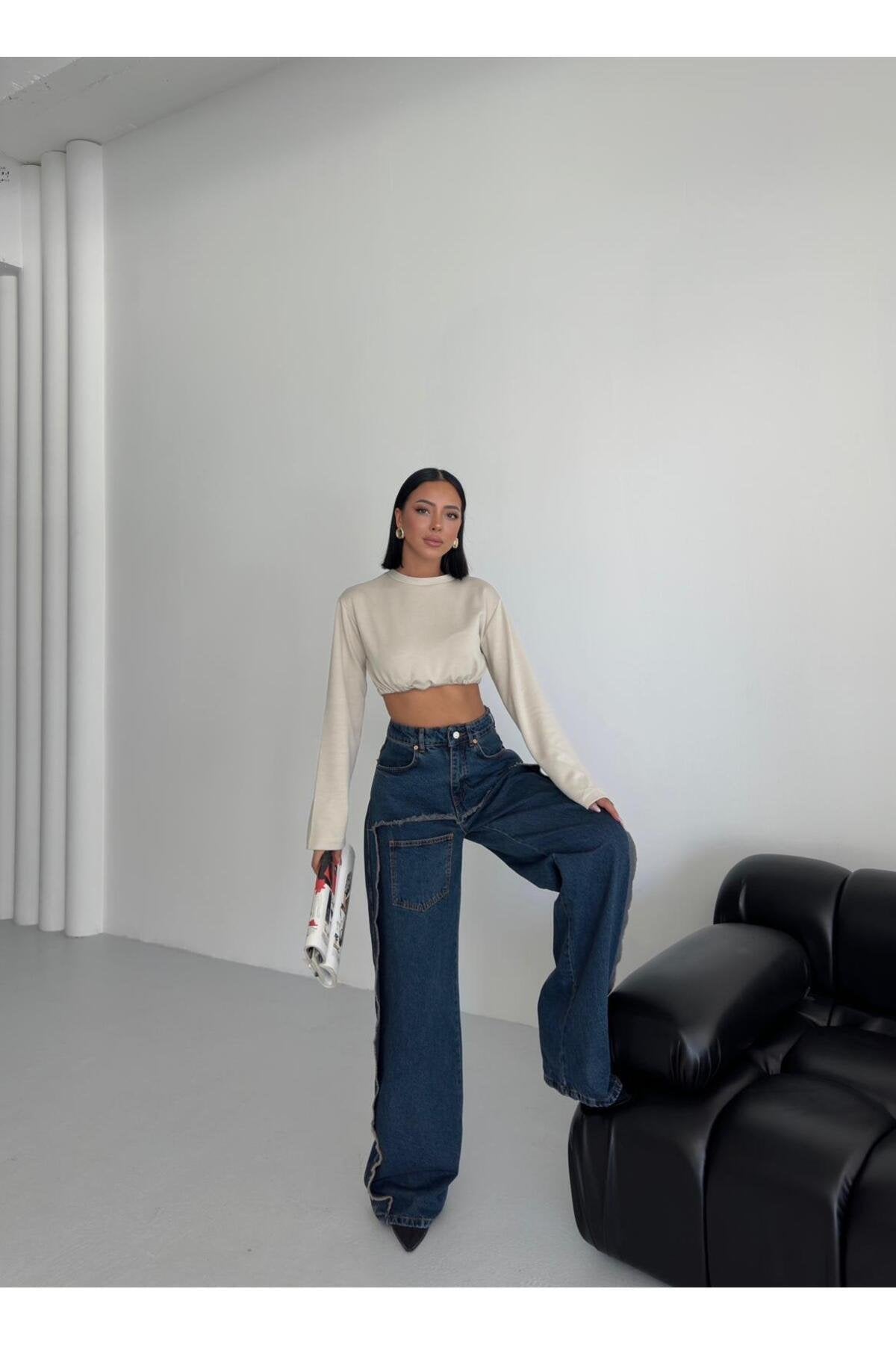 Dikiş Detaylı Geniş Paça Kadın Jean Pantolon