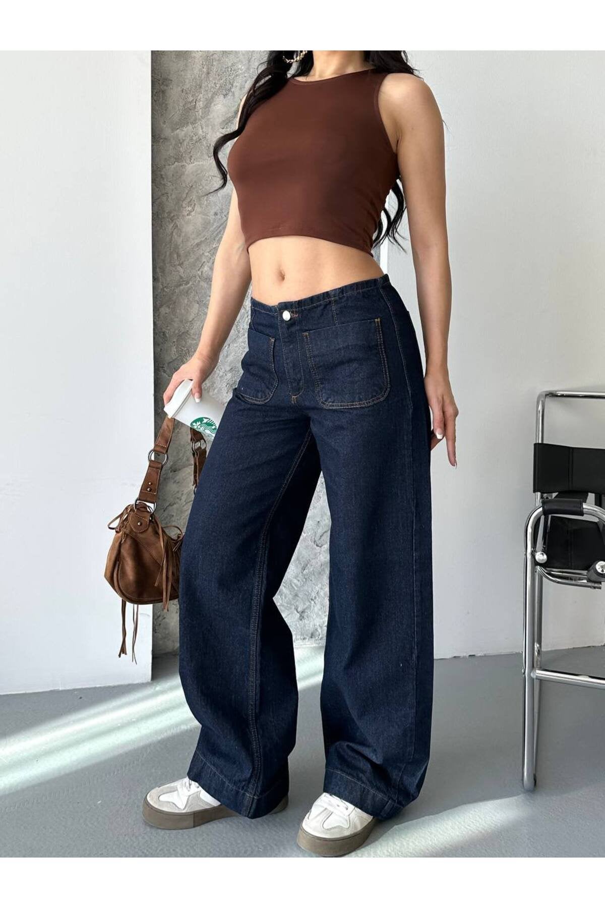 Kadın Yüksek Bel Cepli Bol Paça Denim Pantolon