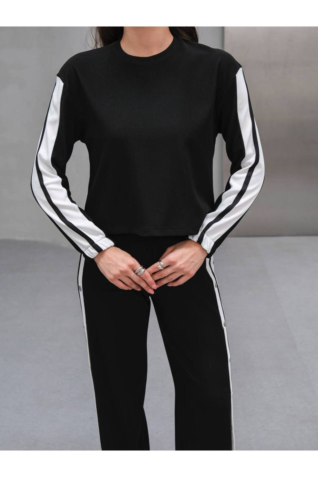 Çıtçıt Detaylı Yan Şeritli Kadın İkili Spor Takım