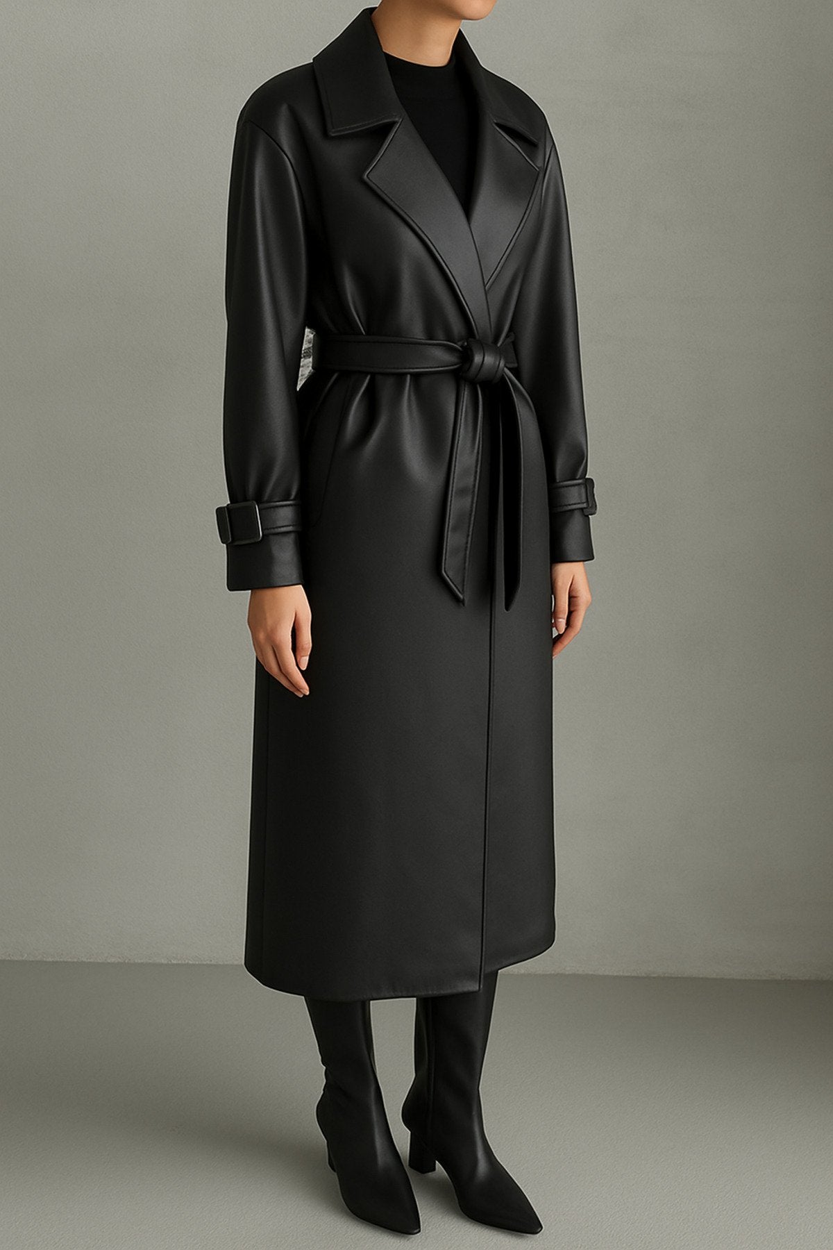 KEMER DETAYLI UZUN DERİ TRENÇ