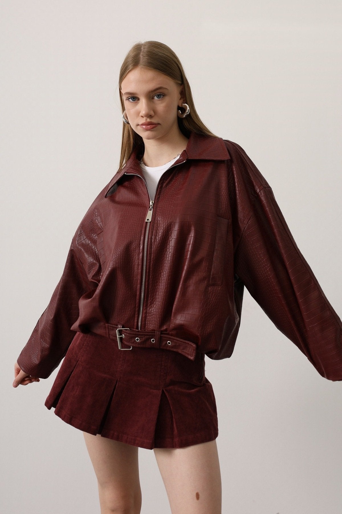 DERİ KEMERLİ BOMBER ÇEKET - Kırmızı