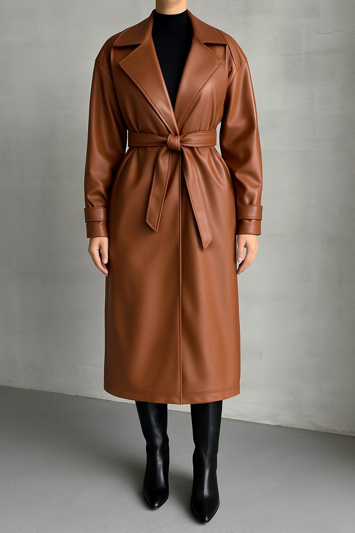 KEMER DETAYLI UZUN DERİ TRENÇ