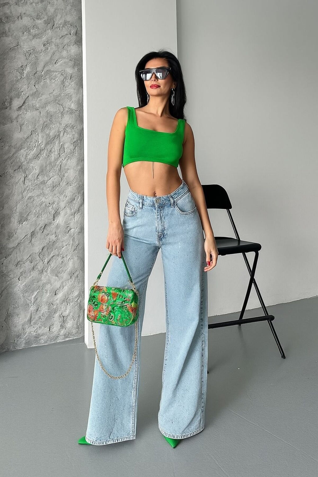 Işıltılı Taş Detaylı Bol Paça Jean Pantolon – Yüksek Bel