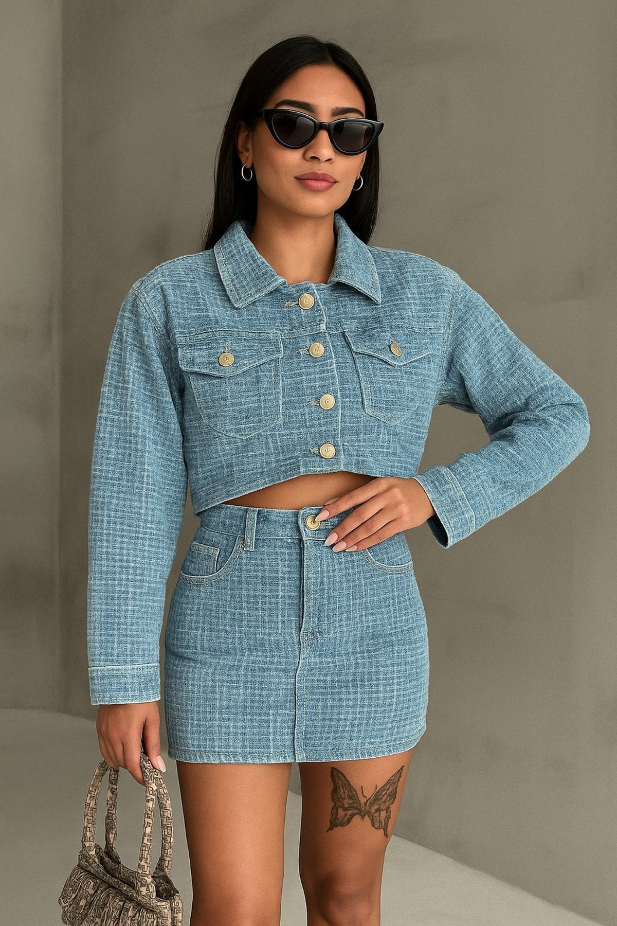 Crop Ceket & Mini Etek Takım – Modern ve Çarpıcı Stil