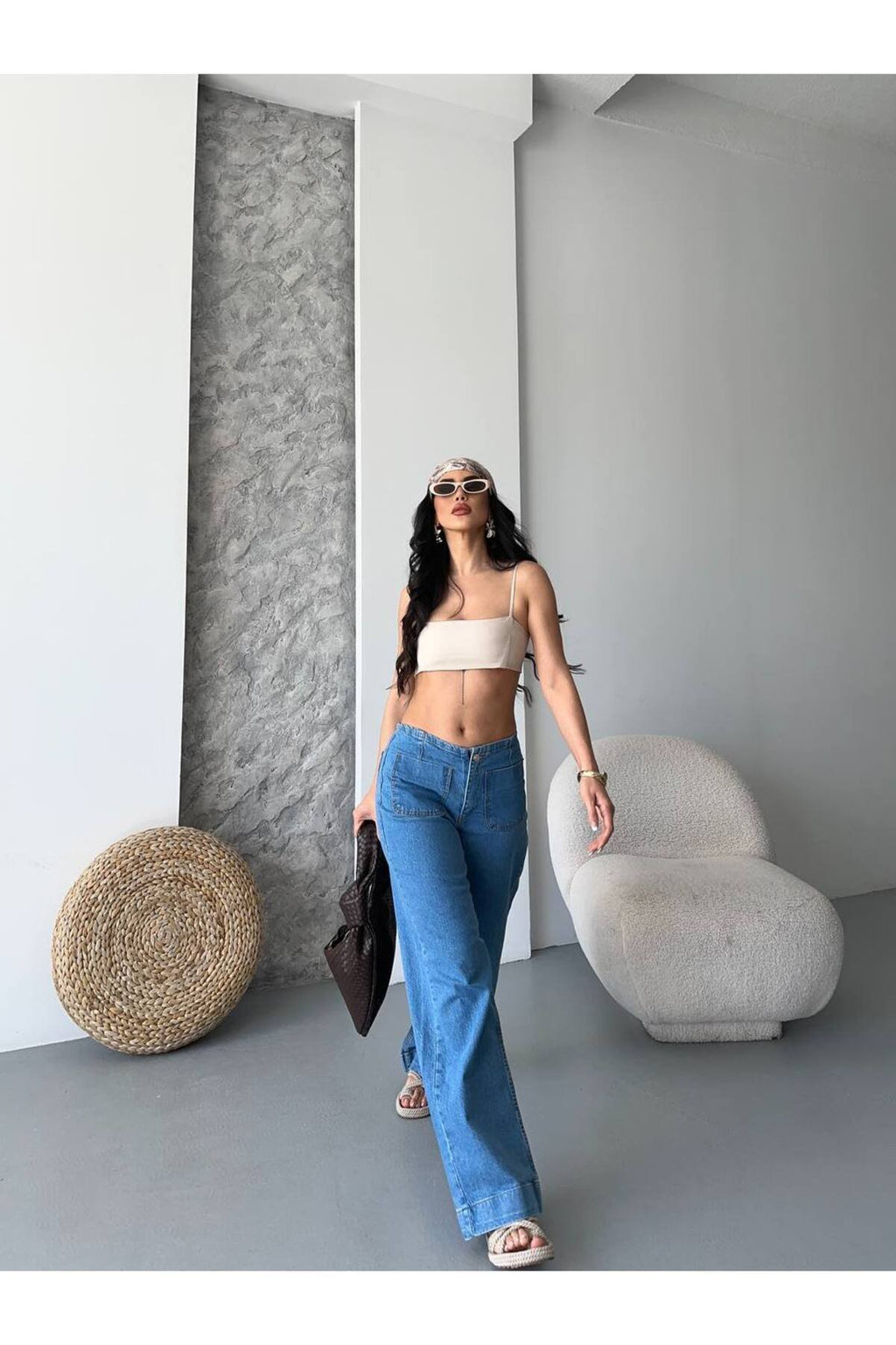 Kadın Yüksek Bel Cepli Bol Paça Denim Pantolon