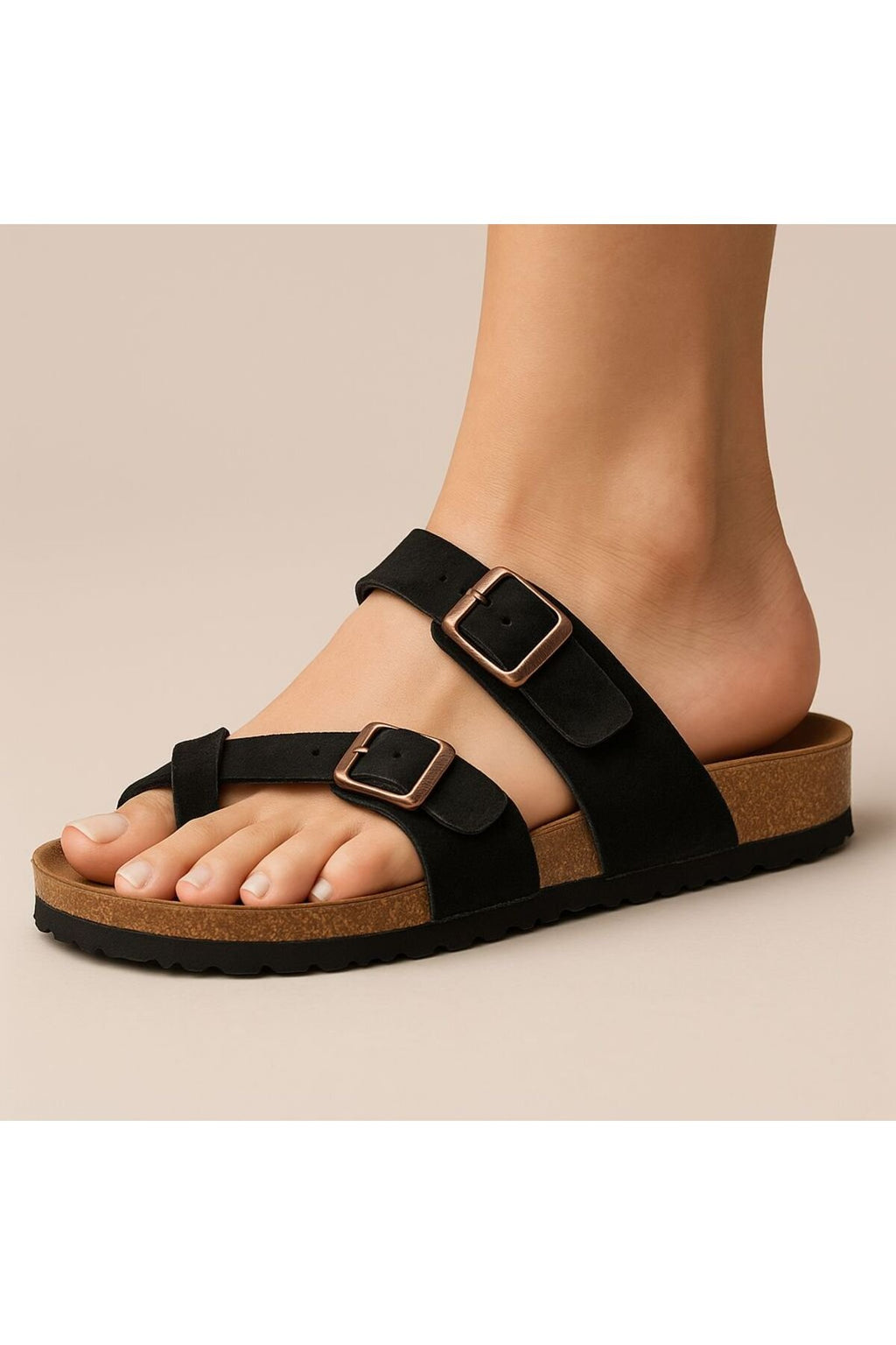 Kadın Siyah Çift Tokalı Parmak Arası Anatomik Terlik