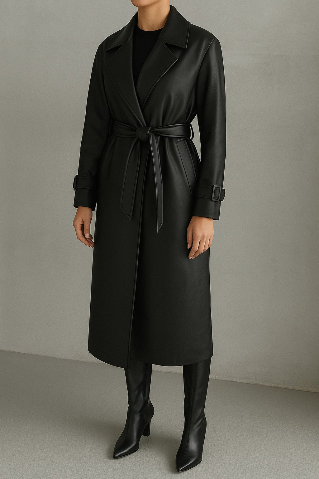 KEMER DETAYLI UZUN DERİ TRENÇ