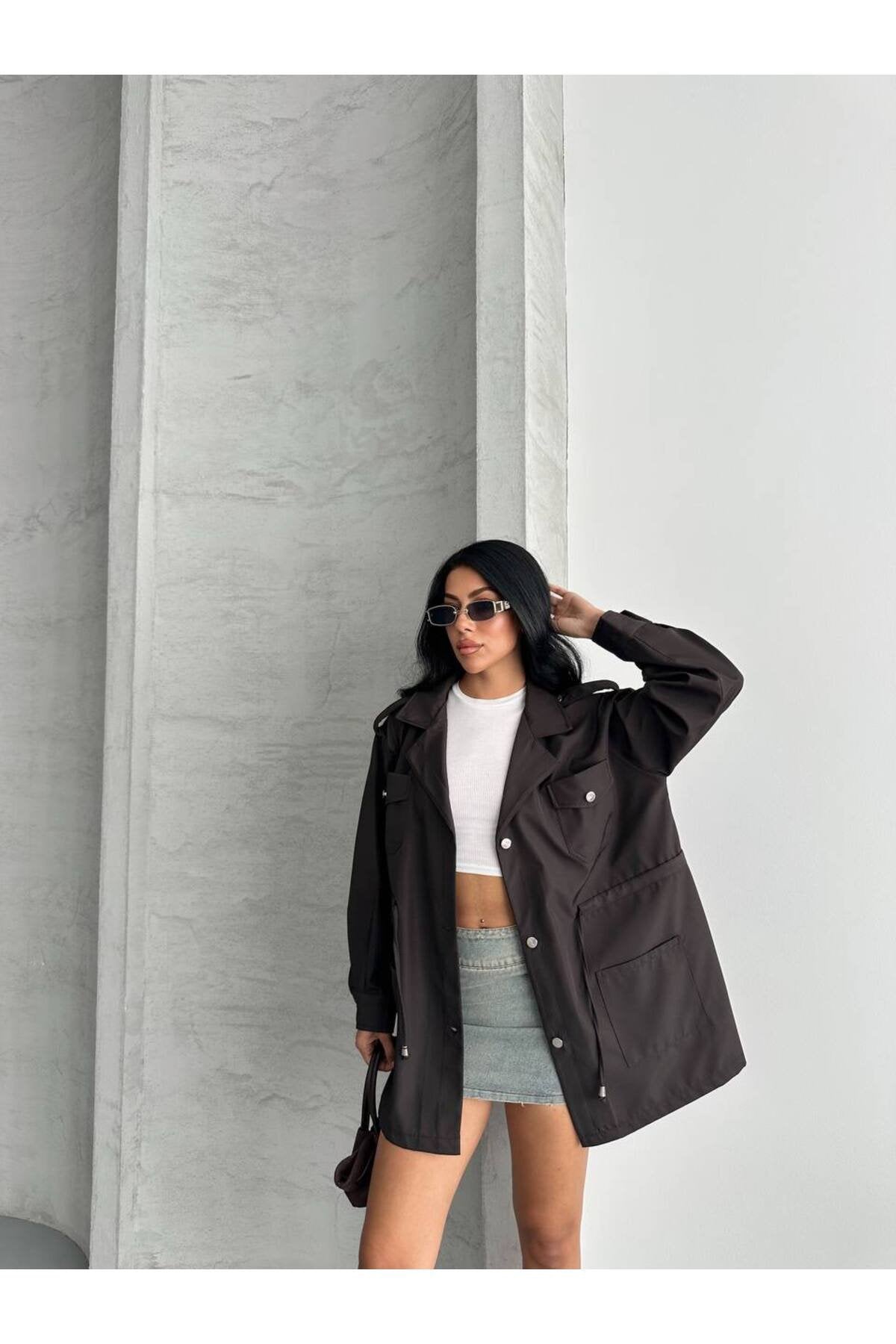 4 CEPLİ BEL BAĞLAMALI KISA TRENCH COAT CEKET