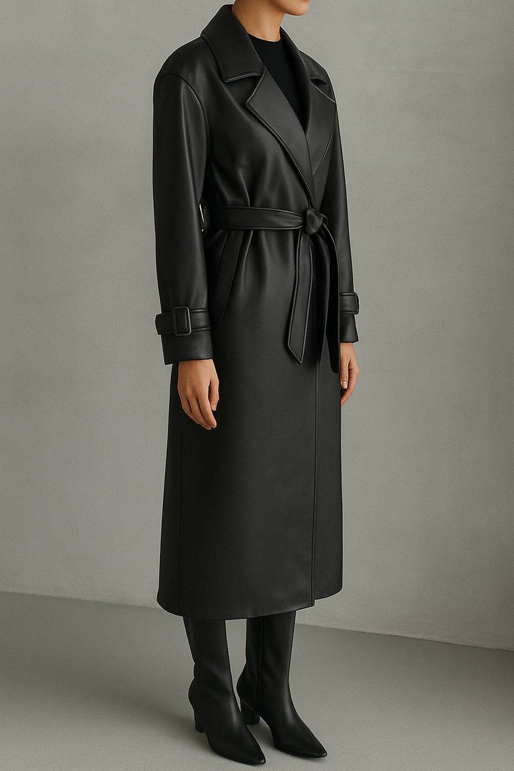 KEMER DETAYLI UZUN DERİ TRENÇ