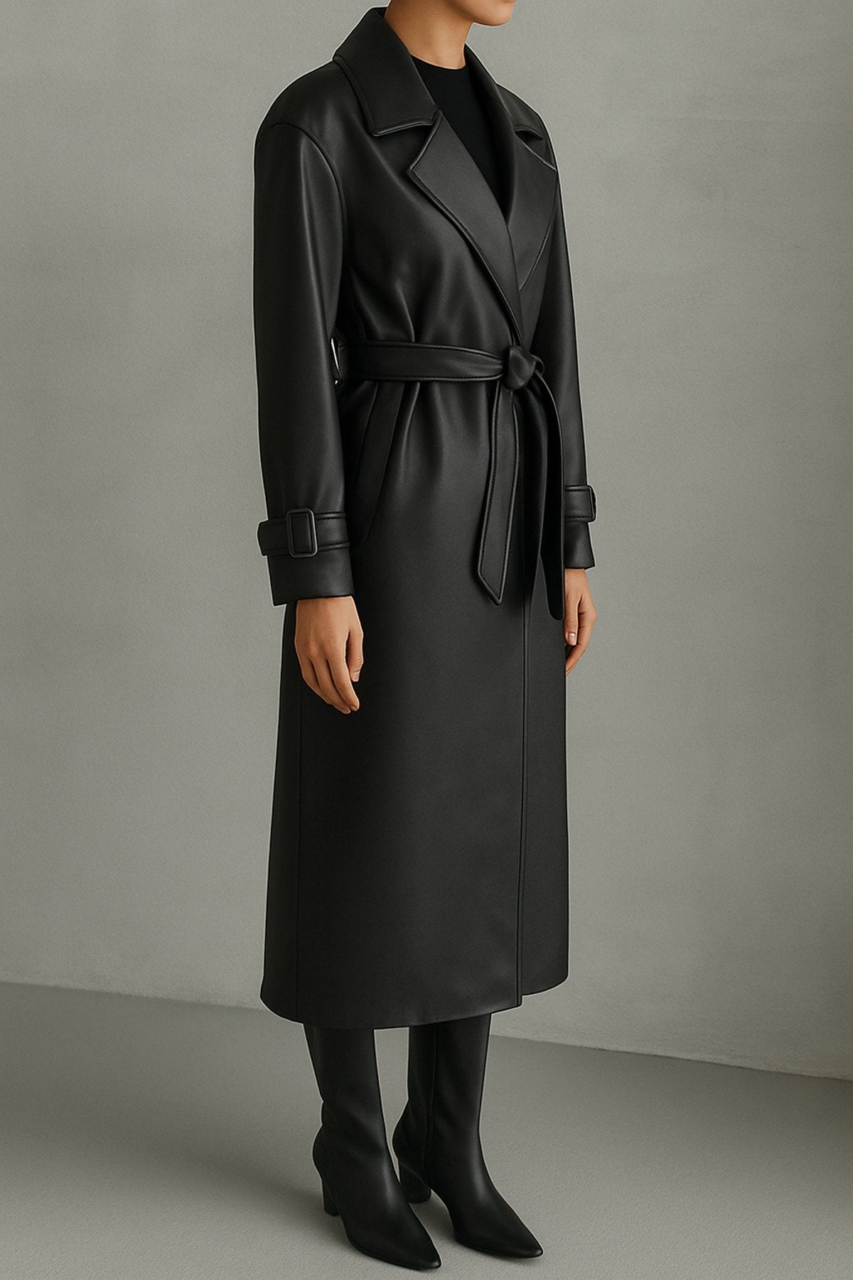 KEMER DETAYLI UZUN DERİ TRENÇ