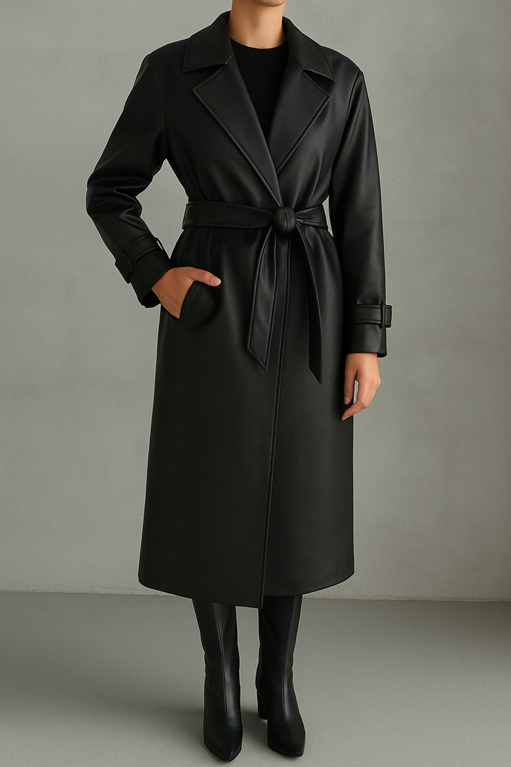 KEMER DETAYLI UZUN DERİ TRENÇ