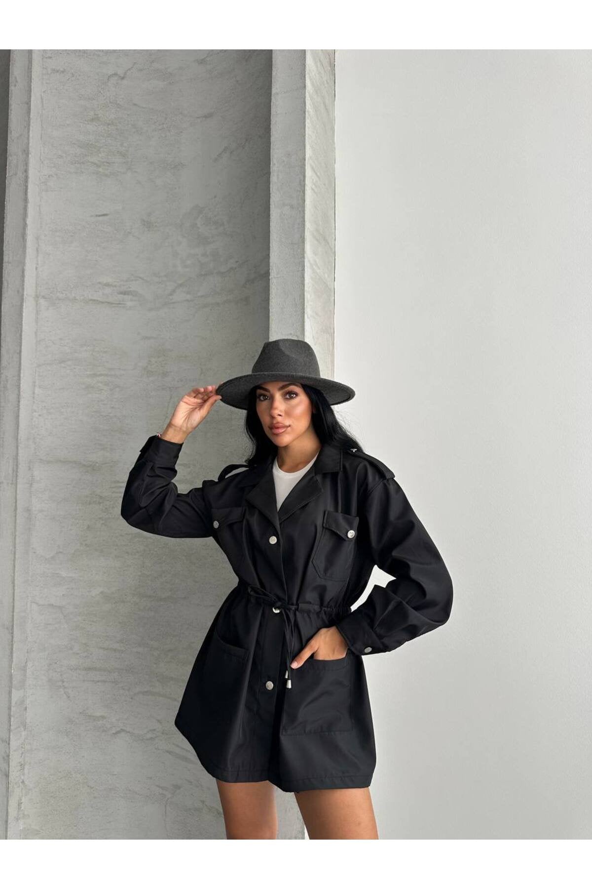 4 CEPLİ BEL BAĞLAMALI KISA TRENCH COAT CEKET