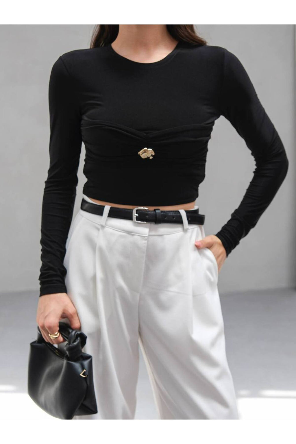 Gold Detaylı Uzun Kollu Crop Bluz