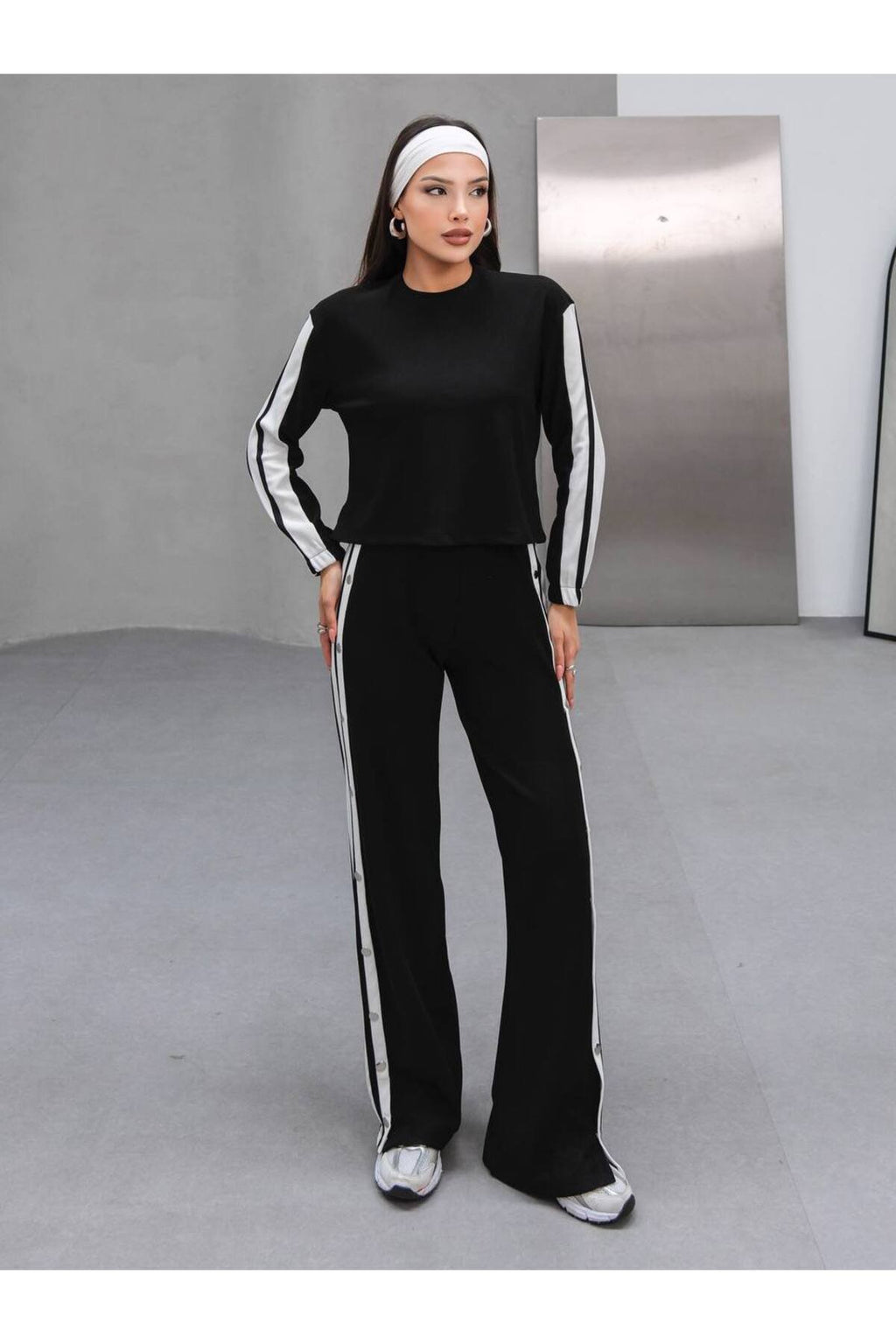Çıtçıt Detaylı Yan Şeritli Kadın İkili Spor Takım