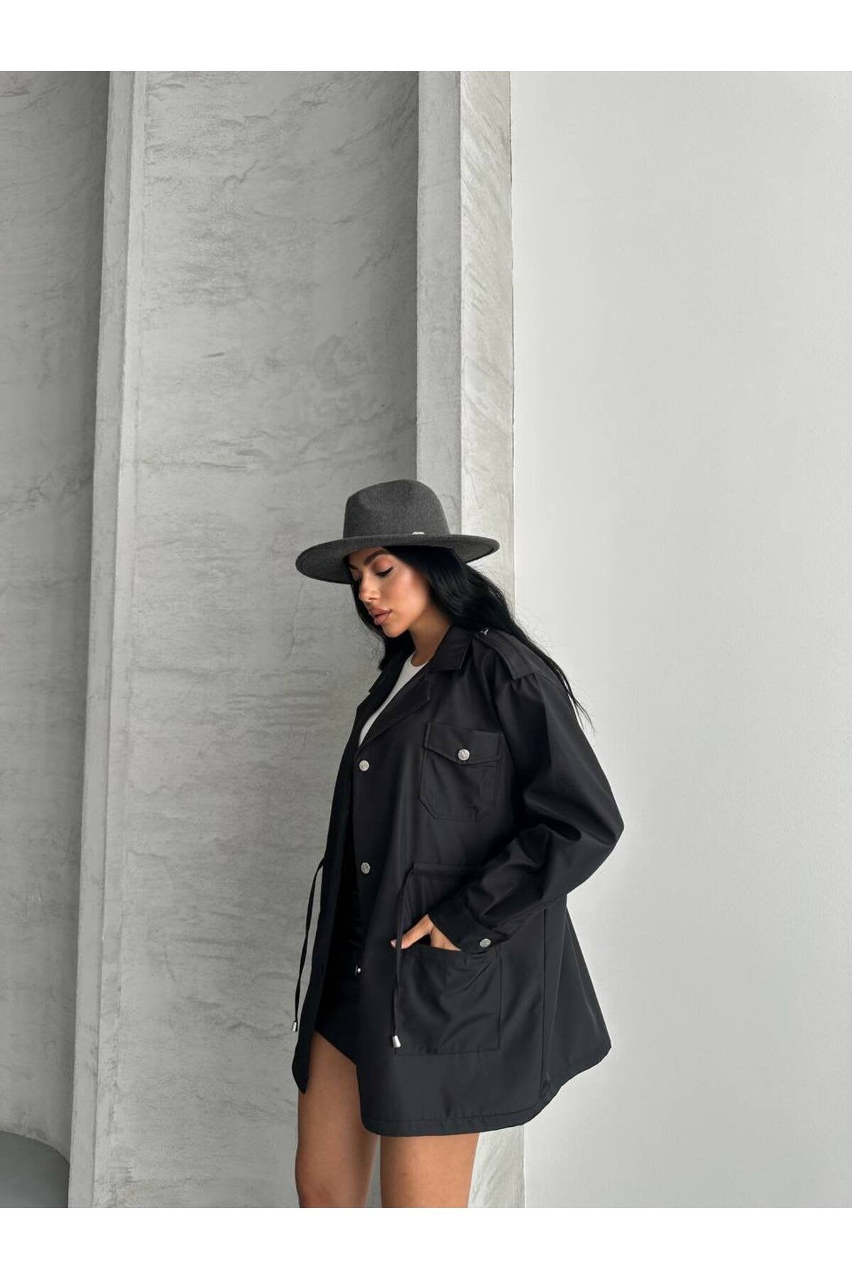 4 CEPLİ BEL BAĞLAMALI KISA TRENCH COAT CEKET