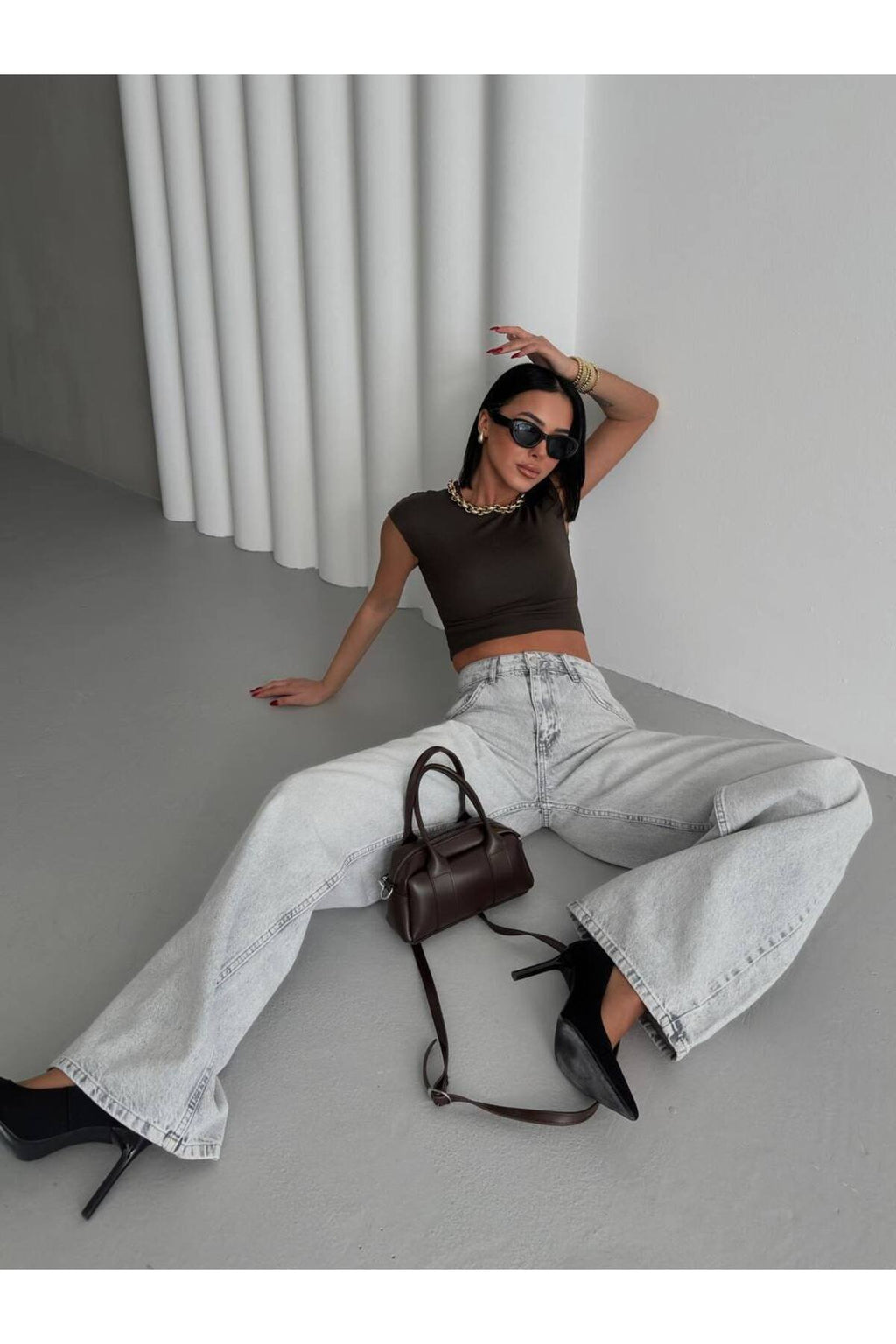 Yüksek Bel Geniş Paça Yıkamalı Kot Pantolon