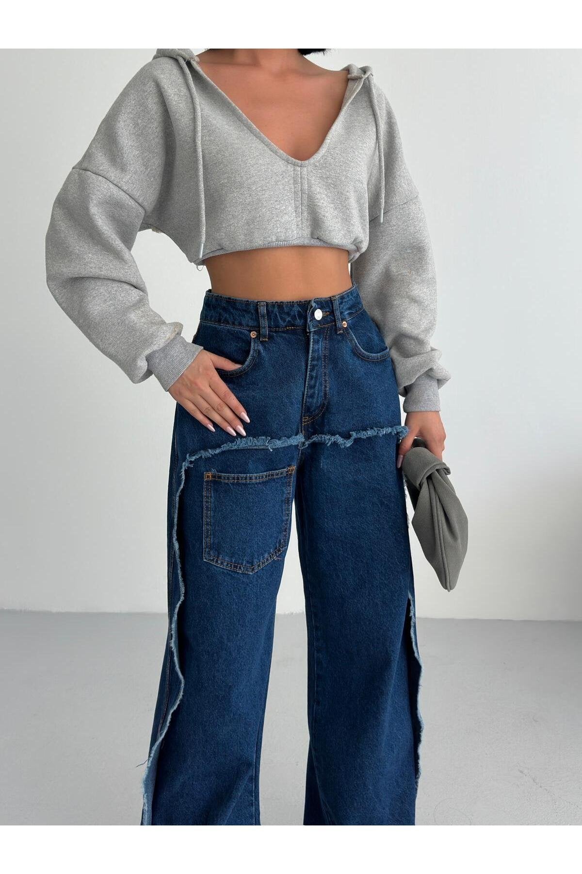 Dikiş Detaylı Geniş Paça Kadın Jean Pantolon