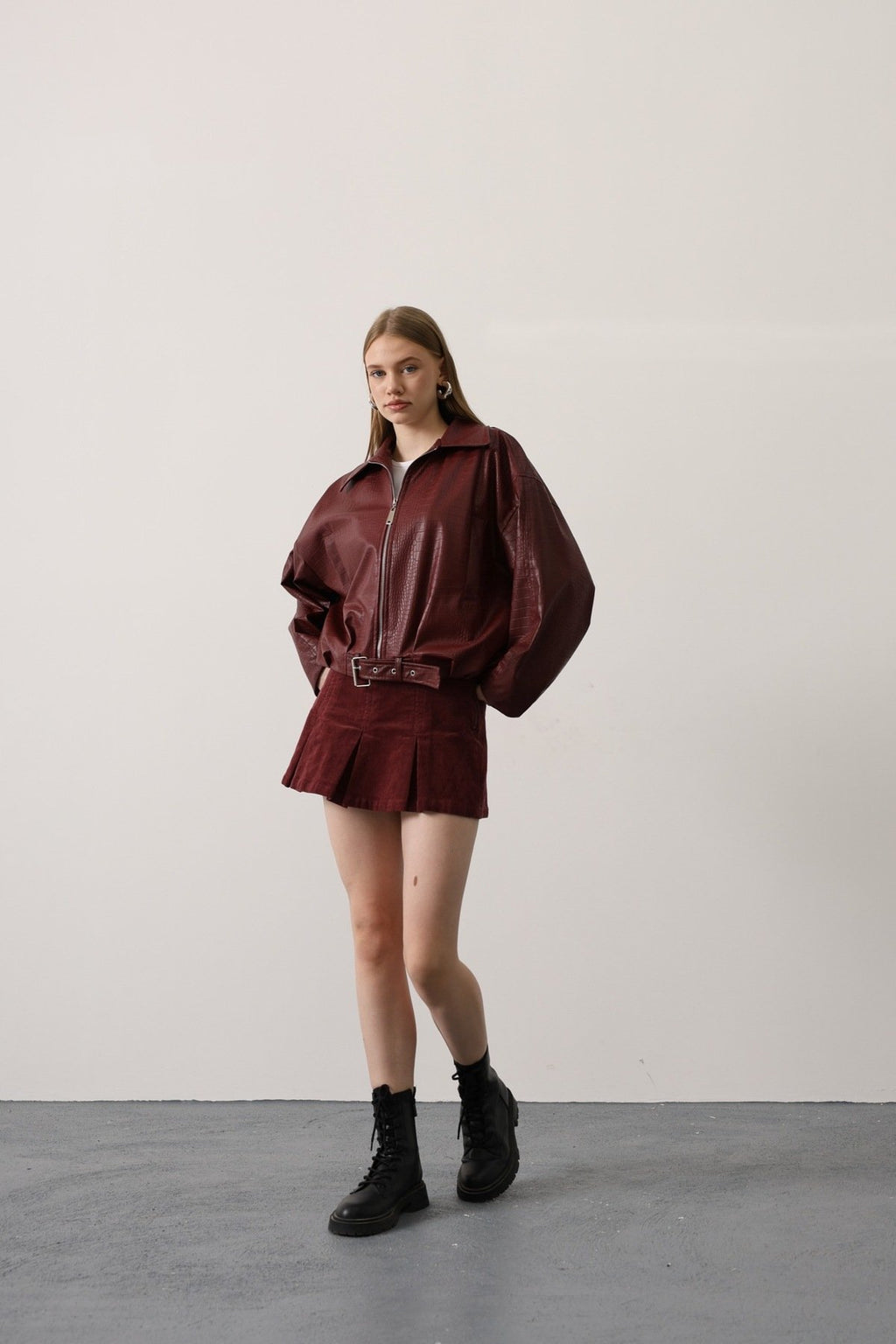 DERİ KEMERLİ BOMBER ÇEKET - Kırmızı