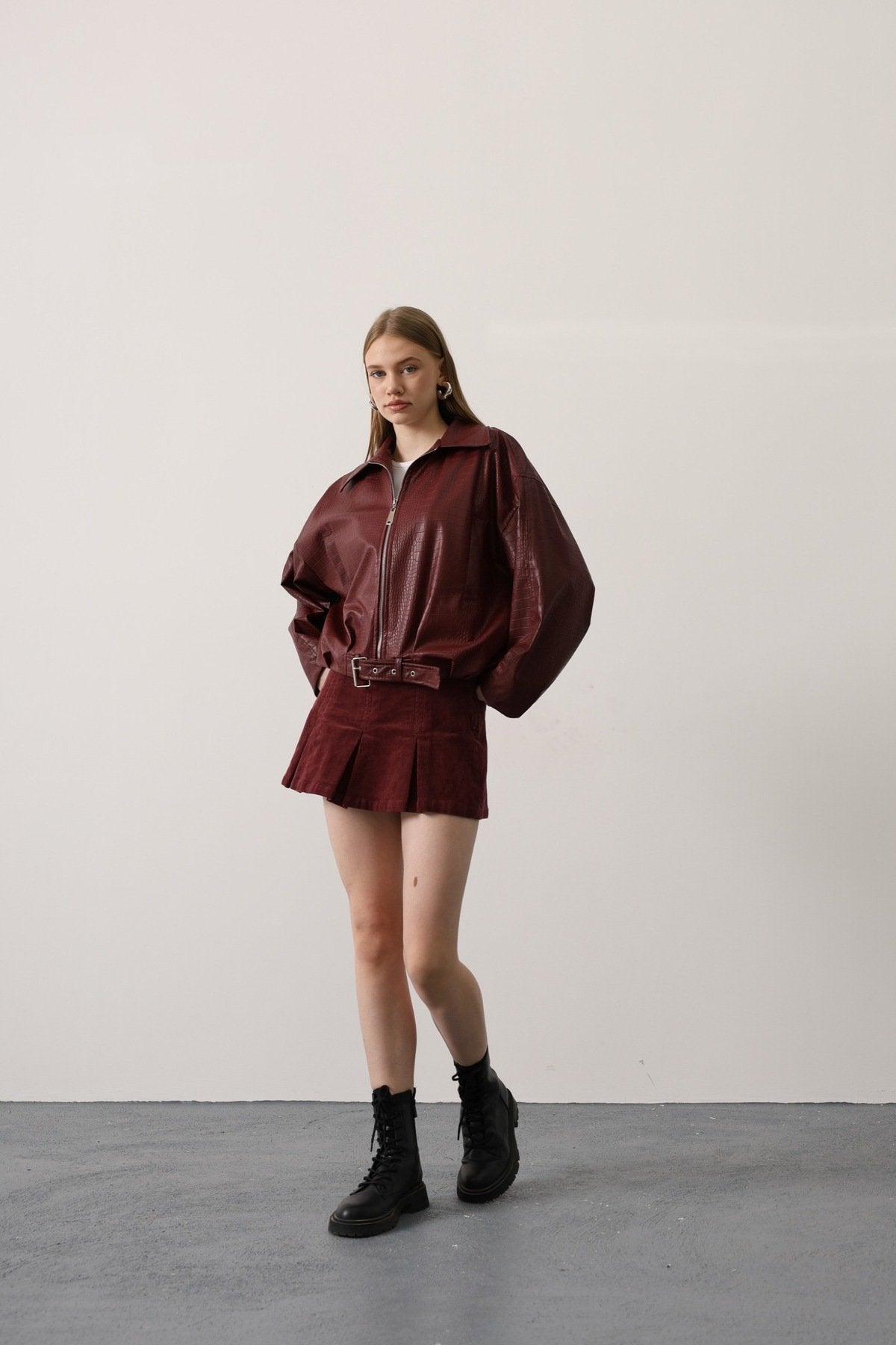 DERİ KEMERLİ BOMBER ÇEKET - Kırmızı