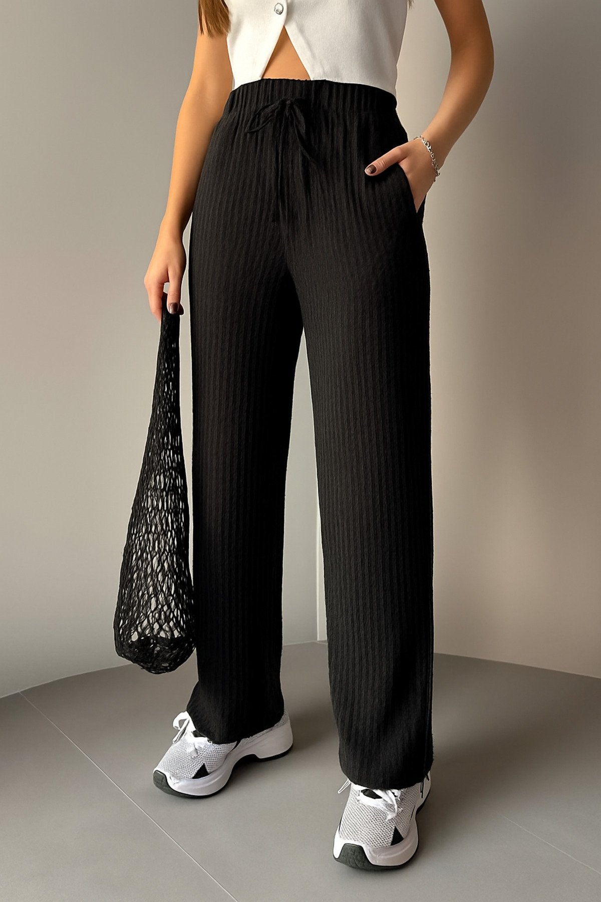 Lastikli Bel Rahat Kesim Dokuma Pantolon