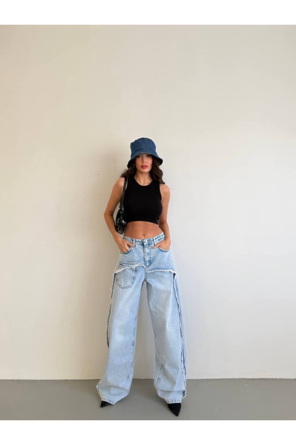 Dikiş Detaylı Geniş Paça Kadın Jean Pantolon