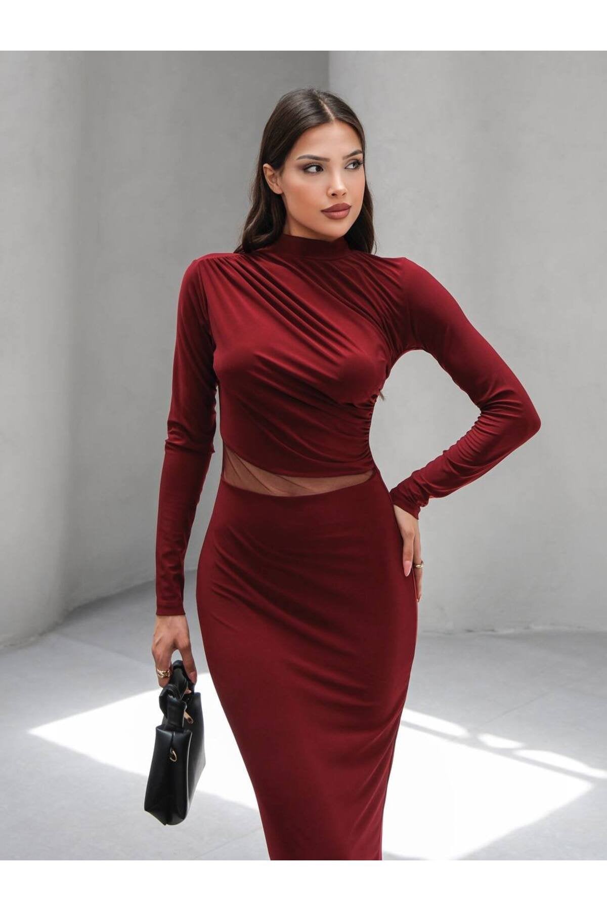 Bel Tül Detaylı Şık Midi Elbise