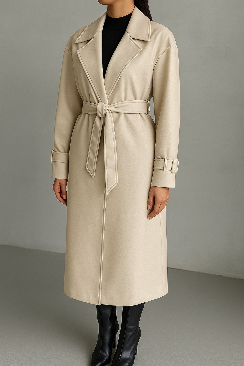 KEMER DETAYLI UZUN DERİ TRENÇ