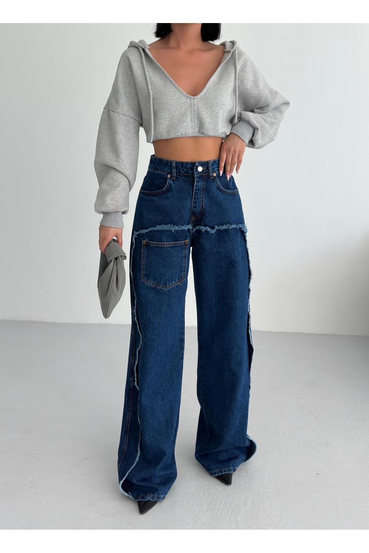 Dikiş Detaylı Geniş Paça Kadın Jean Pantolon