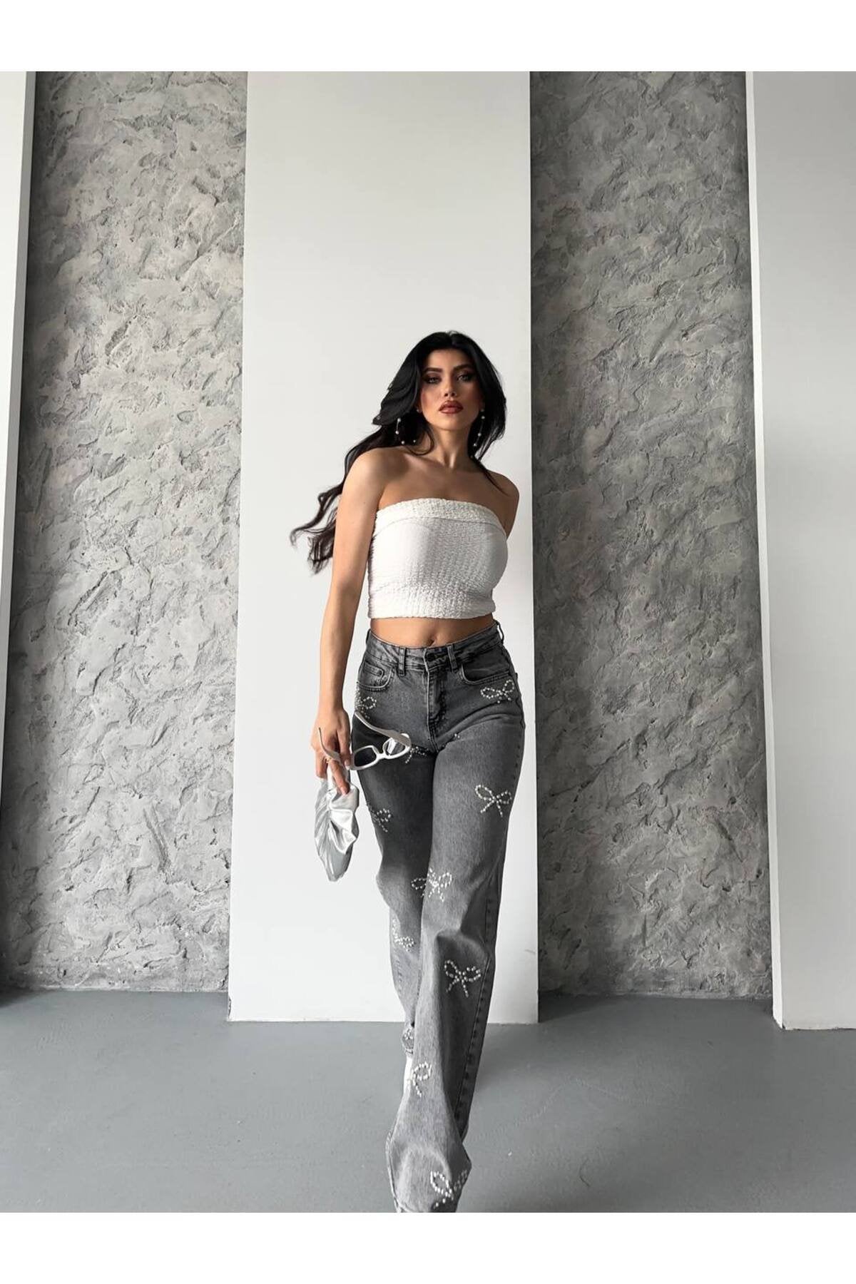 Kadın Yüksek Bel İnci Detaylı Taş Renk Düz Paça Jean Pantolon