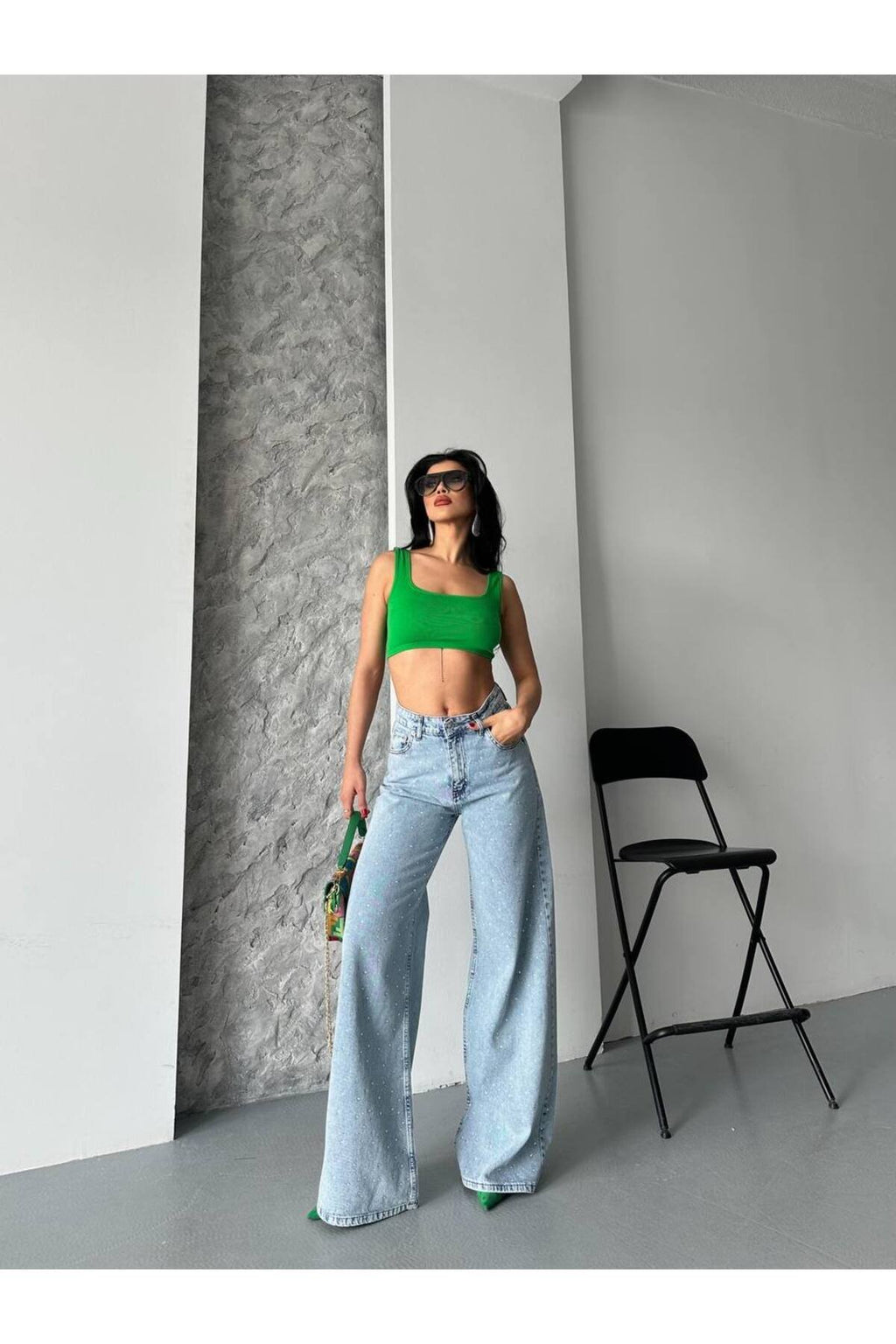 Işıltılı Taş Detaylı Bol Paça Jean Pantolon – Yüksek Bel