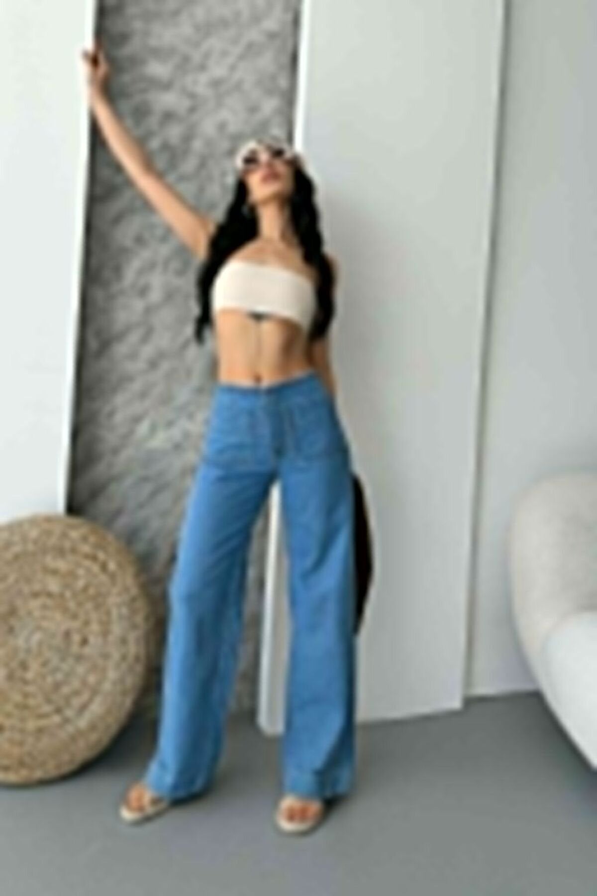 Kadın Yüksek Bel Cepli Bol Paça Denim Pantolon