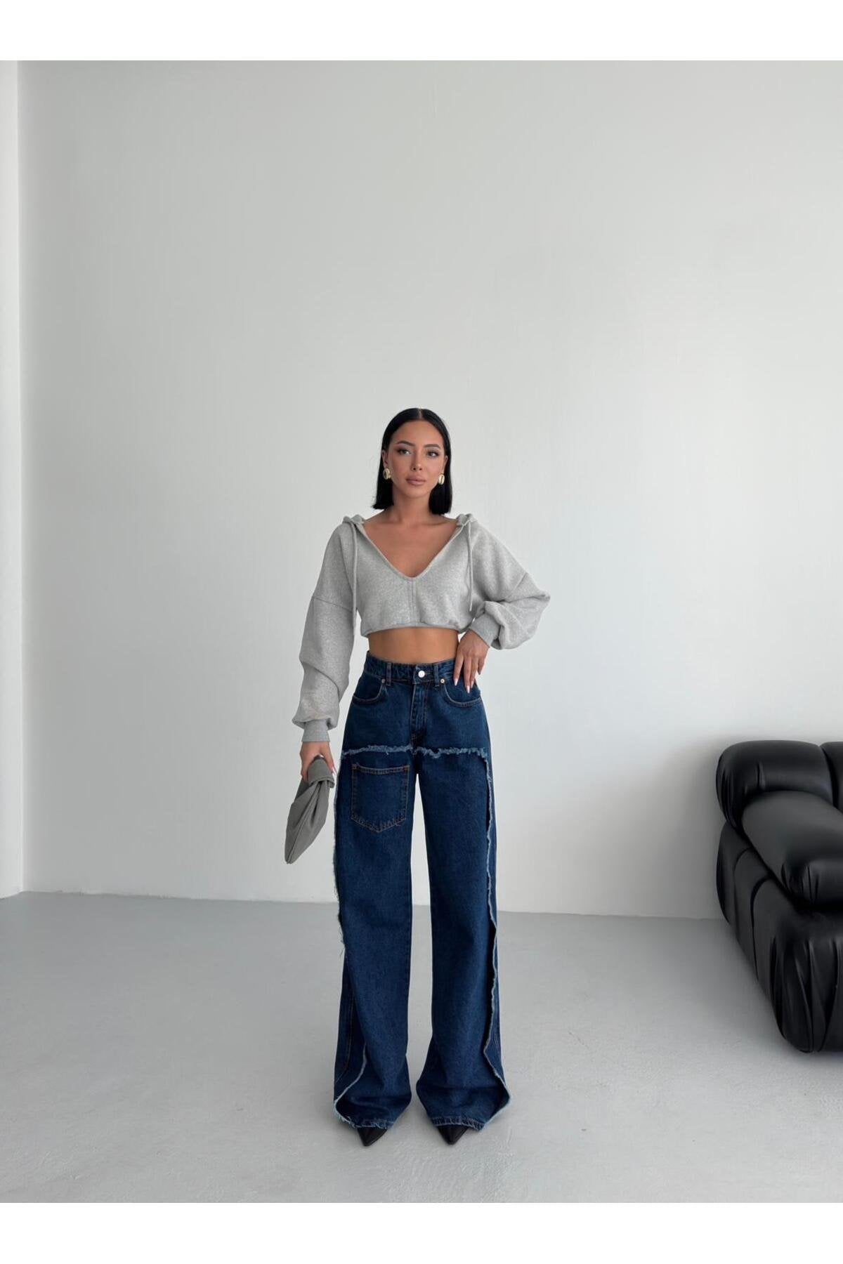 Dikiş Detaylı Geniş Paça Kadın Jean Pantolon