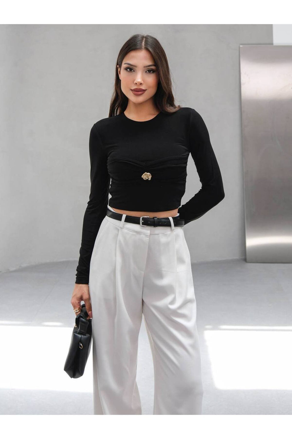 Gold Detaylı Uzun Kollu Crop Bluz