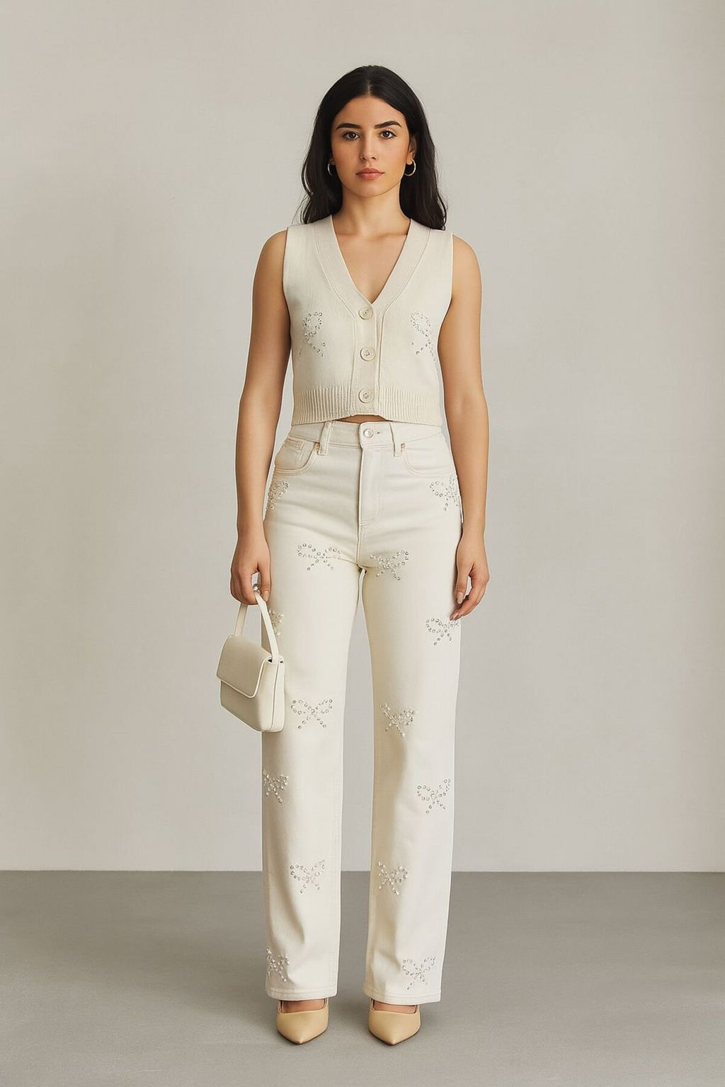 Kadın Yüksek Bel İnci Detaylı Taş Renk Düz Paça Jean Pantolon