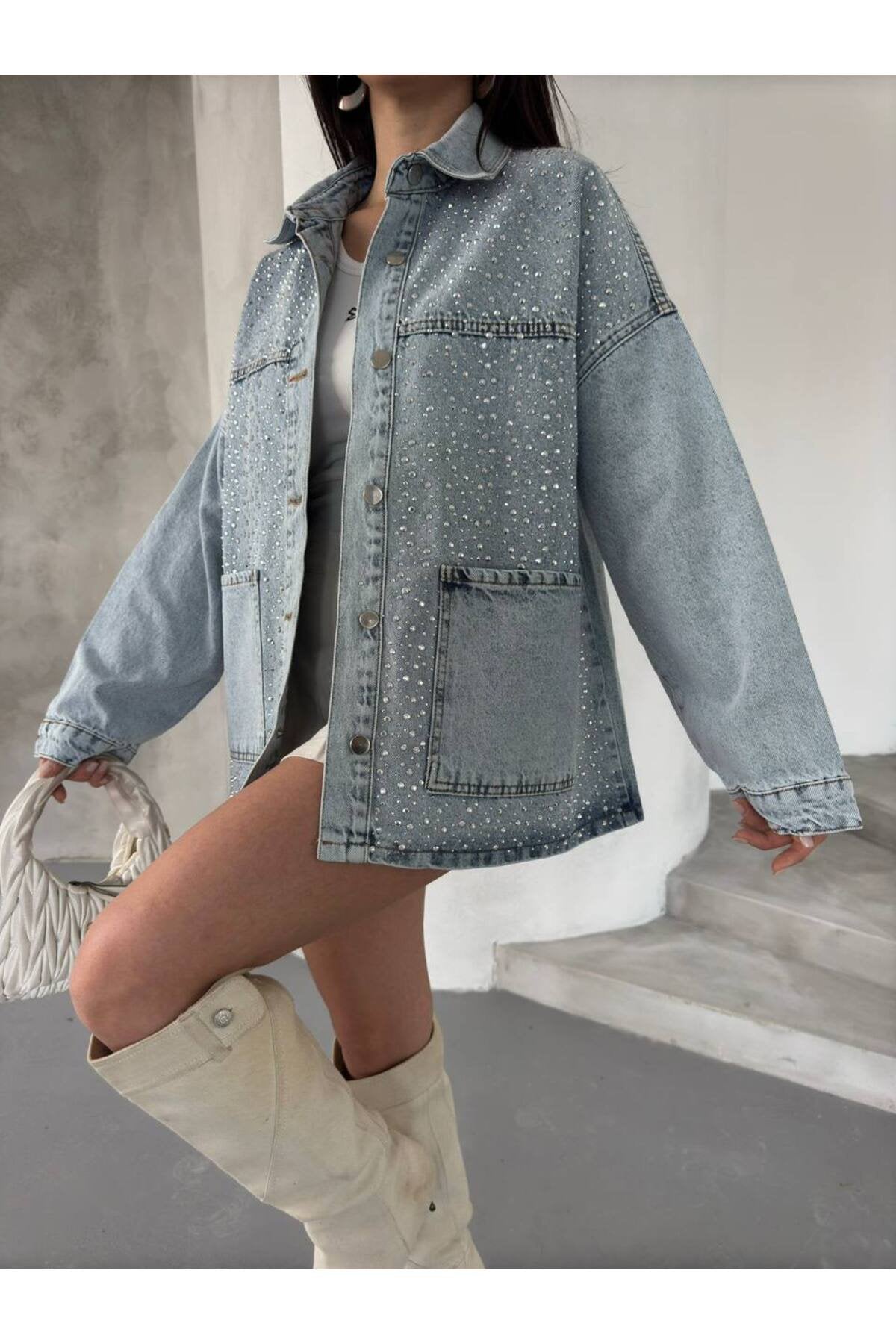 "Taş Detaylı Oversize Kot Ceket"
