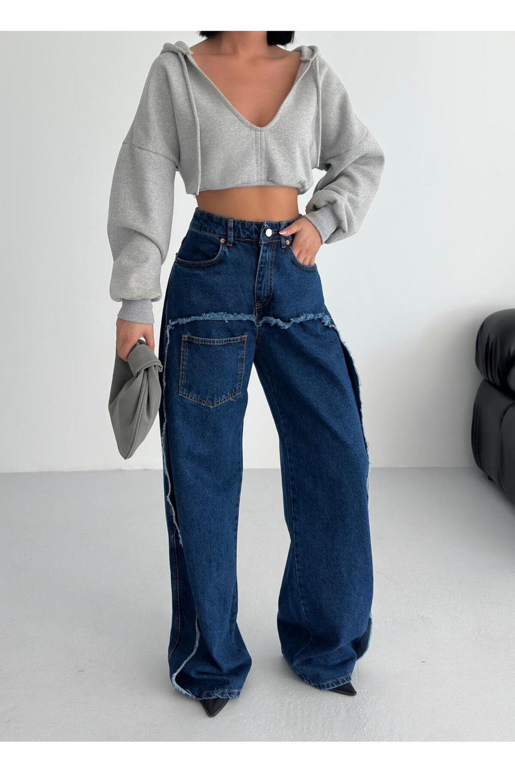 Dikiş Detaylı Geniş Paça Kadın Jean Pantolon